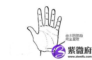 4,纵欲线成一弧形,由太阴丘趋向金星丘(但未触及生命线)