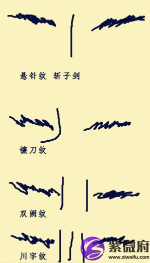 一条的称作悬针纹或者斩子剑,两条的称作双阙纹,三条的称作川字纹