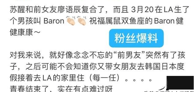 粉丝曝苏醒当爸？前女友为他在国外生下男婴，网友：又是国外身份