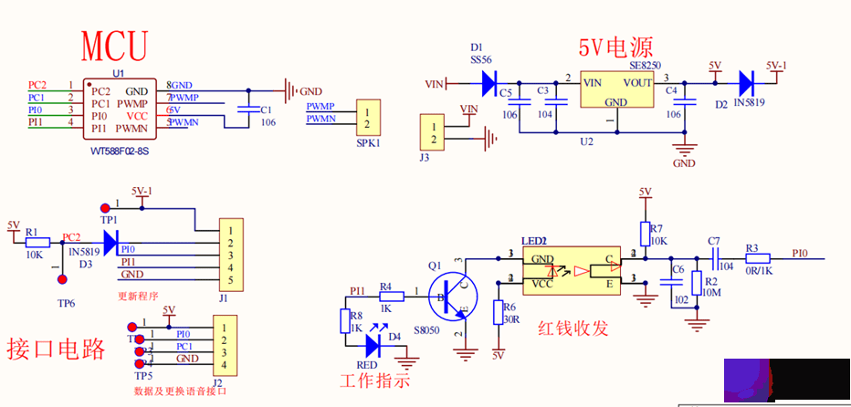 万年历语音报时芯片，红外传感播报ic芯片方案，WT588F02B-8S