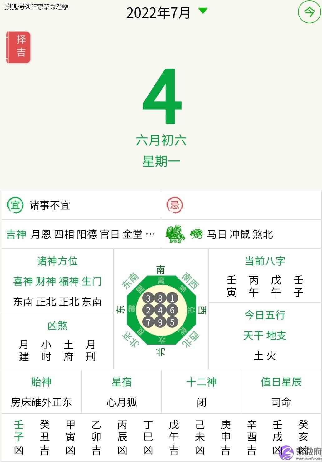 今日黄历万年历查询 生肖宜忌吉凶 农历六月初六运势 择日吉时 2022.7.4